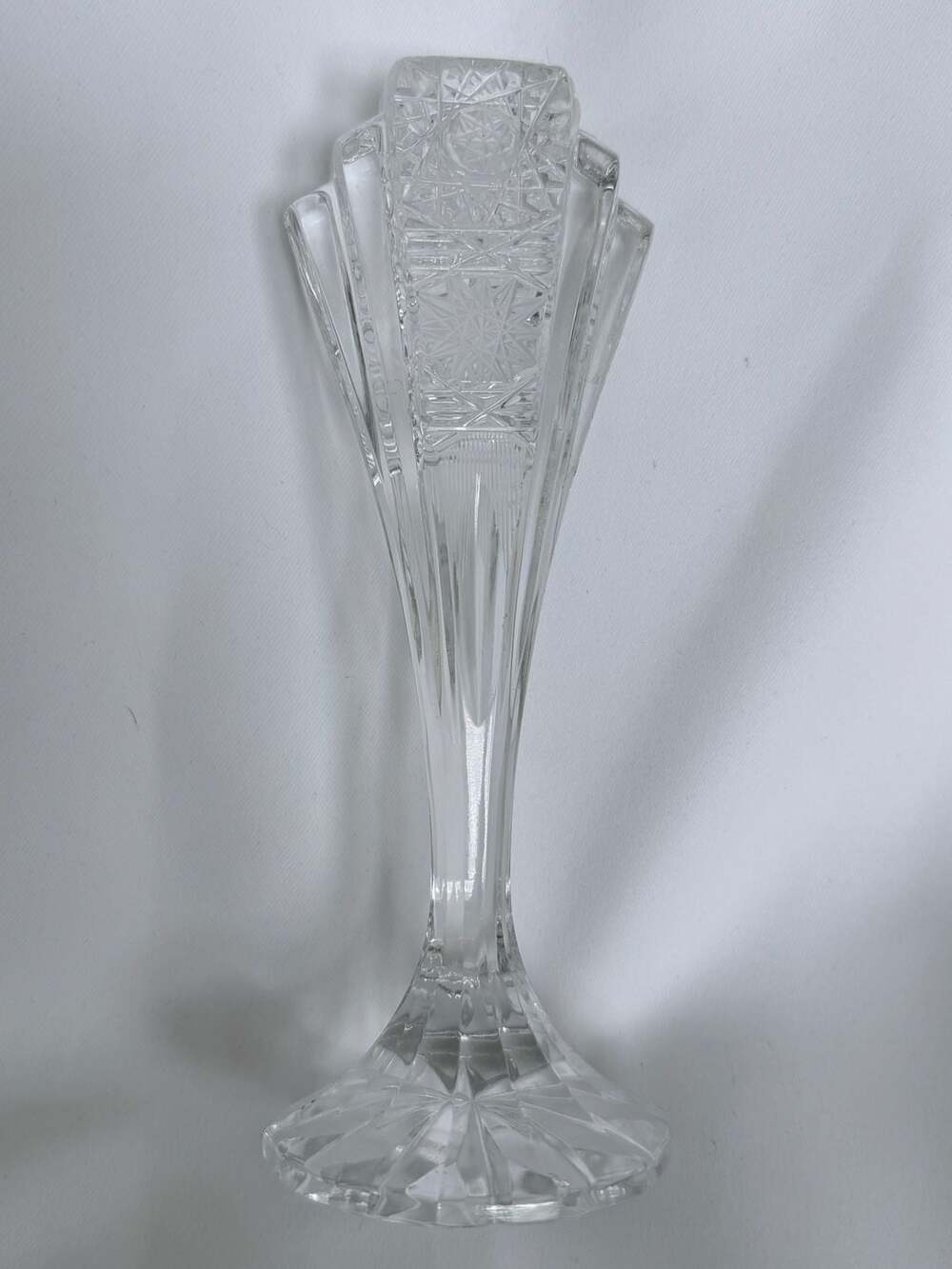 Antique Flint Crystal Glass EAPG Footed Vase 7.75" Prism Cut Design Scalloped To